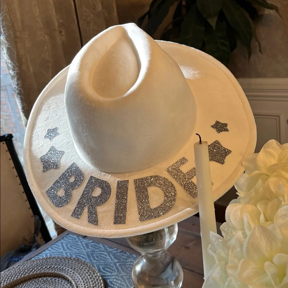 White Bride Party Hat with Sparkling Silver Accents NWT